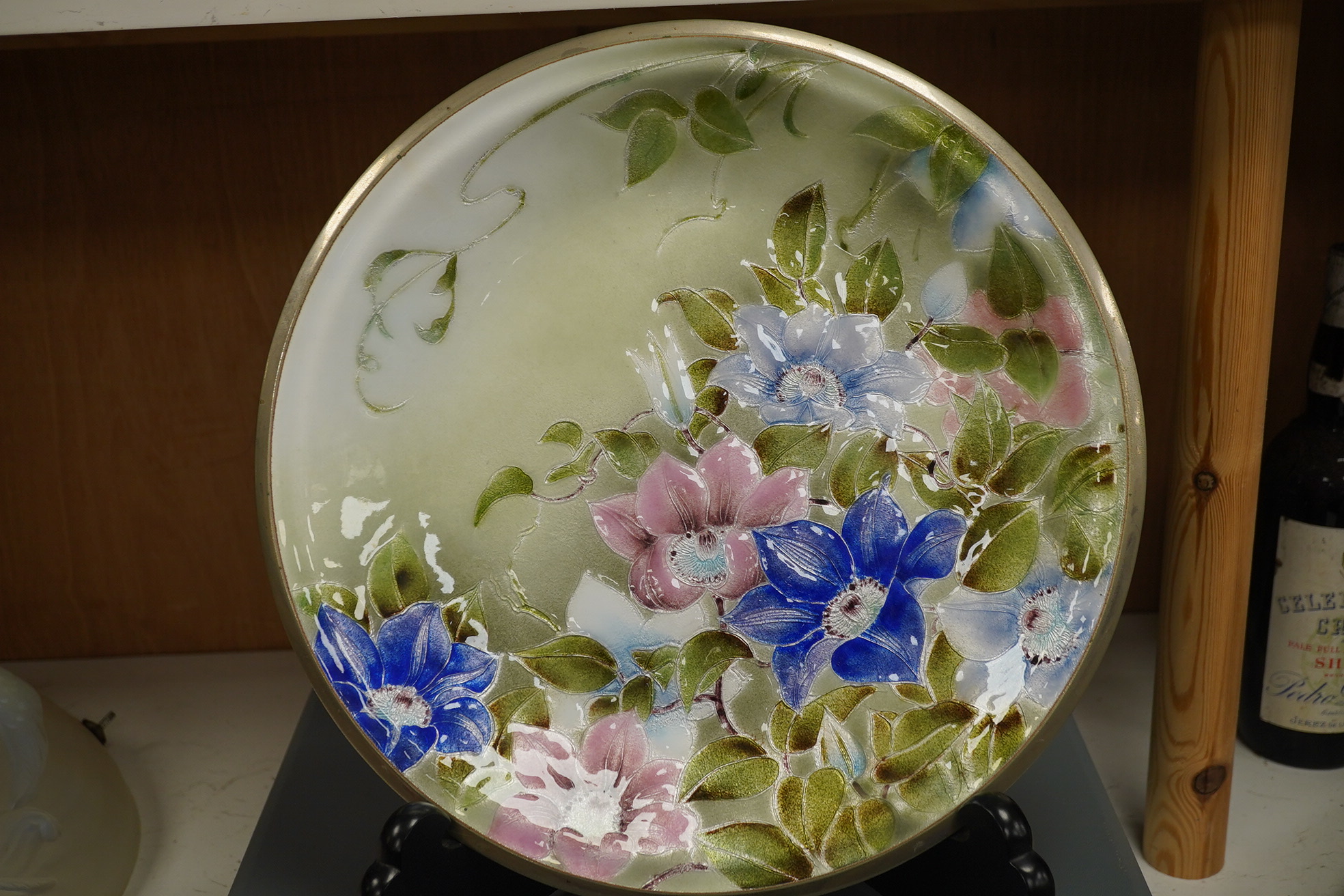 An Ando Ginbari enamel floral decorated dish, cased, 35,5cm., Condition - good